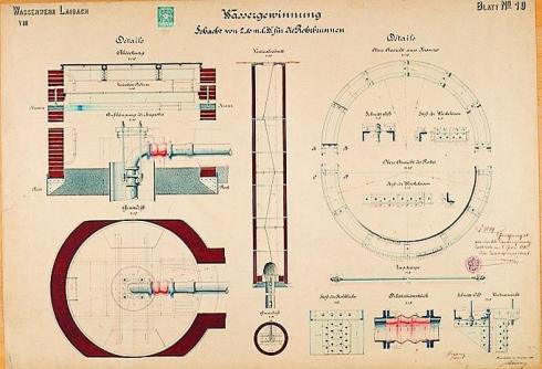 Načrt vodnjaka iz leta 1890 (Vir: Zgodovinski arhiv Ljubljana).