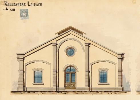 Načrt fasade upravne stavbe vodarne Kleče (Vir: Zgodovinski arhiv Ljubljana).