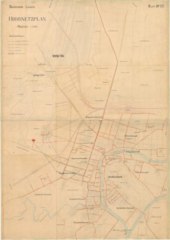 Zemljevid vodovodnega omrežja v Ljubljani leta 1906 (Vir: Zgodovinski arhiv Ljubljana).