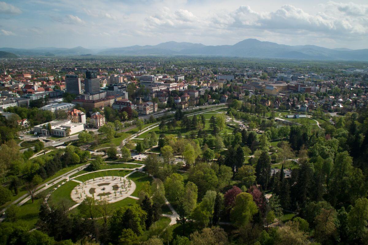 Bird's eye view of the park Tivoli and part of Ljubljana's city centre.