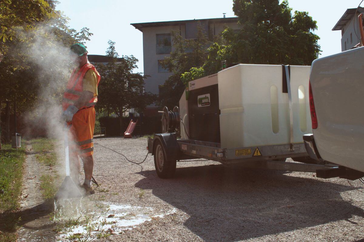 Tackling weeds with steam and biodegradable active vegetable-oil substances.