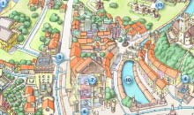 Ilustracija zemljevida središča Ljubljane. Na sliki je Ljubljanski grad, Ljubljanica s Šuštarskim mostom in Tromostovjem, Kongresni in Prešernov trg, Slovenska cesta.
