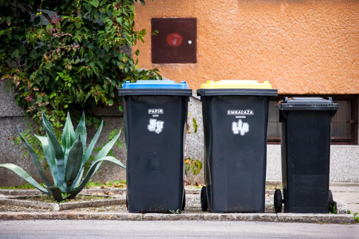 Blue lid bin for paper and cardboard, yellow-lid bin for packaging and black bin for residual waste