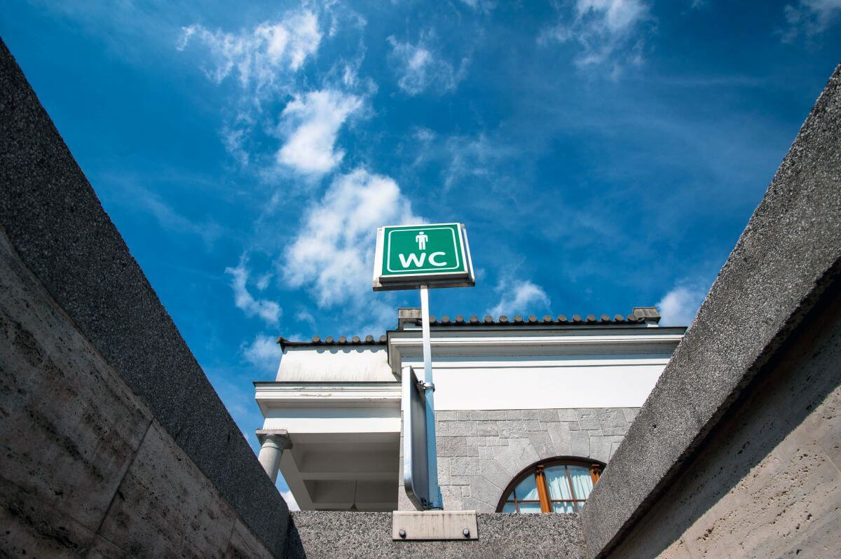 Public restrooms sign at Ljubljana's Central Market.