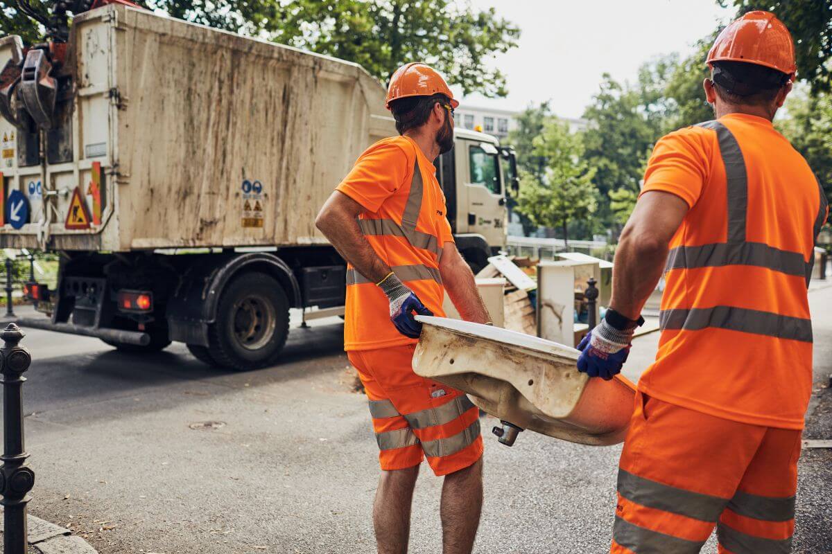 Dva komunalna delavca, ki k smetarskemu tovornemu vozilu neseta kopalniški umivalnik.