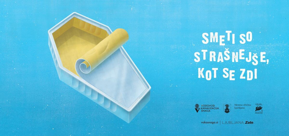 Ilustracija ribje konzerve, ki je v obliki krste.
