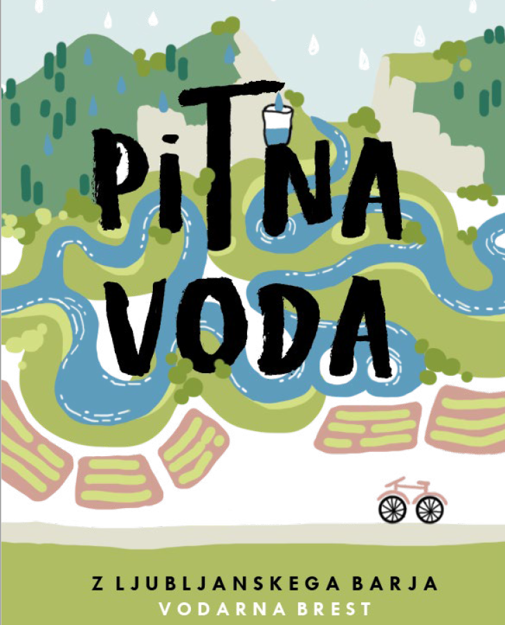 Ilustracija vodnega toka z rečnimi okljuki (meandri), v ozadju hribi, travnate površine in njive.